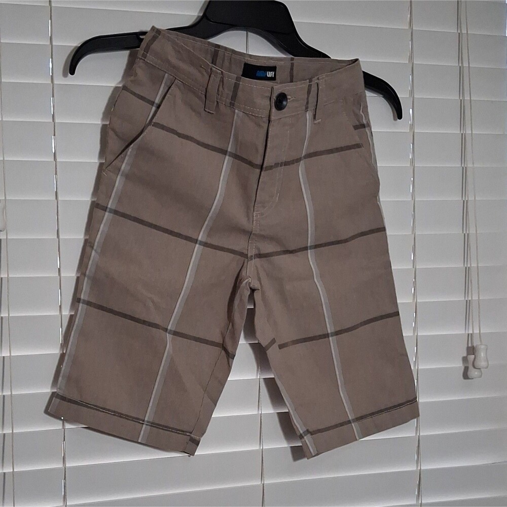 Amplify Men's Beige Plaid Cargo Shorts Polyester Button Closure Pockets